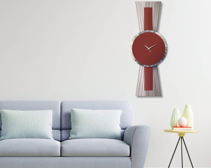 Red Clock, Modern Wall Clock, Metal Artwork, Large Wall Clock, Unique Wall Art, Homemade artwork, Handpainted Clock, Retro Wall Clock