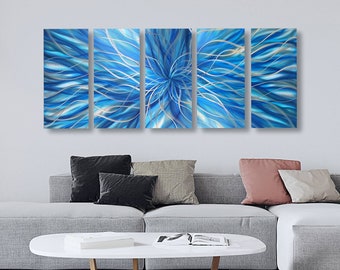 Large Metal Wall Art: Blue Abstract Sculpture, Modern 5-Piece