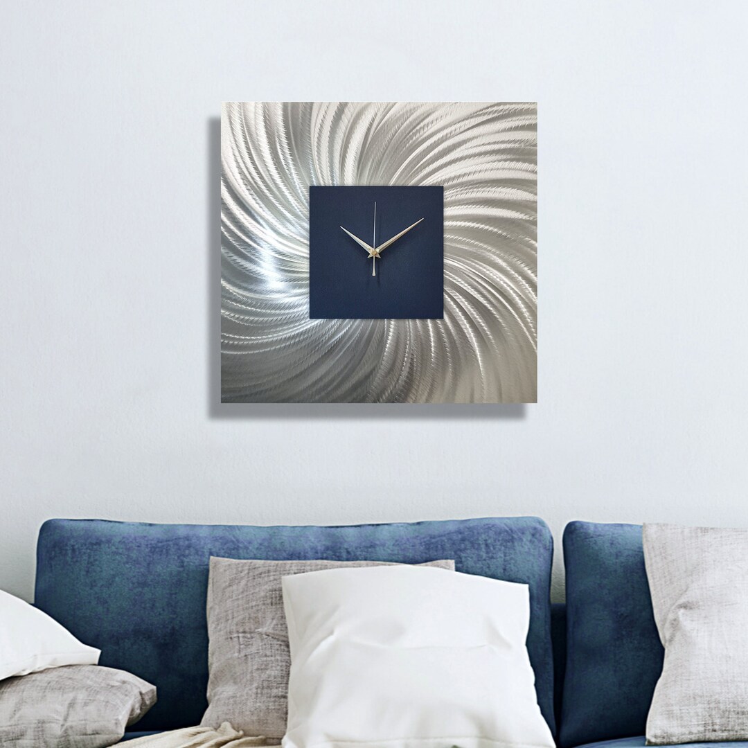 Navy Blue Wall Clock, Large Clock, Modern Clock, Silver Wall Art, Metal