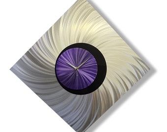 Unique Purple Wall Clock - Large Modern Silver Decor, Abstract Metal Art Minimalist Alloy Contemporary Wall Hanging