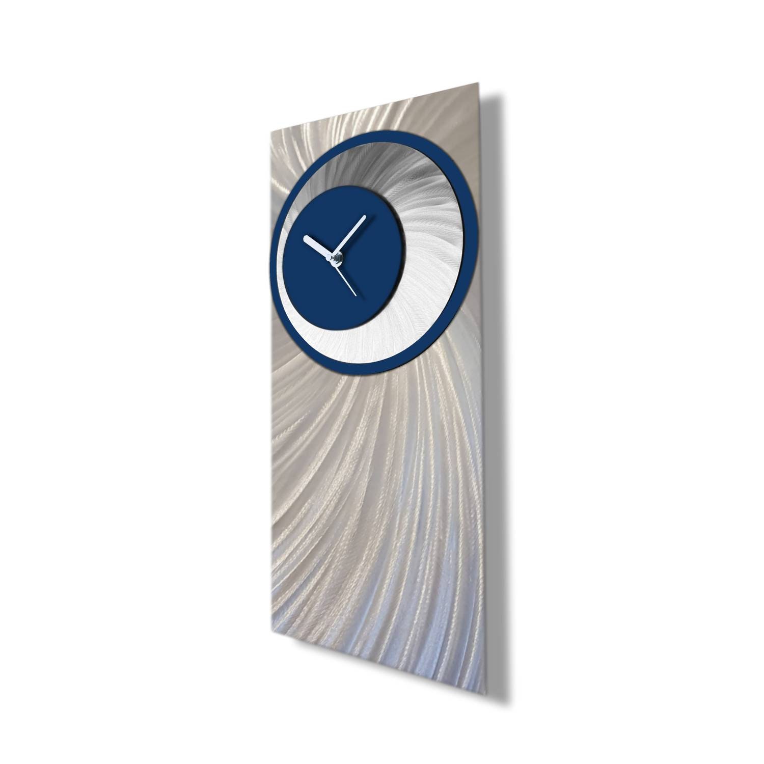 Modern Clock Navy Blue Wall Clock Silver Wall Art Etsy
