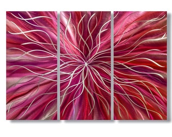 3 Panel Wall Art, Red Decor, Metal Sculpture Hand Painted Abstract Aluminium Painting