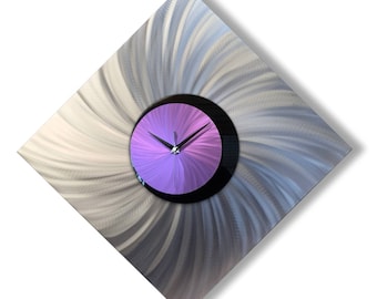 Purple Silver Large Wall Clock - Designer Wall Art, Modern Clock, Metal Art Decor, Purple Decor, Industrial Decor