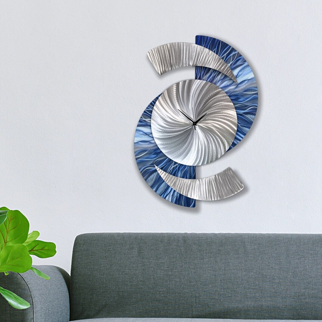 Navy Blue Wall Clock, Unusual Clocks, Silver Clock, Unique Clock, Large