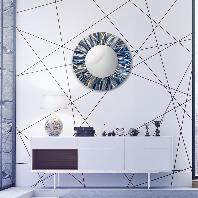 Navy Blue Decorative Wall Mirror, Metal Art, Navy Blue Decor, Abstract