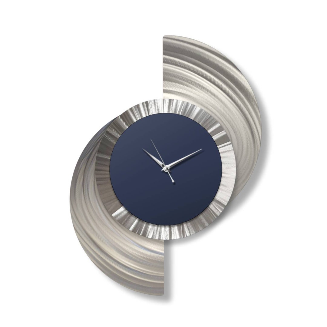 Navy Blue Wall Clock, Silver Wall Decor, Abstract Clock, Unique Clock
