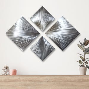 Escultura de pared de metal plateado, arte moderno de múltiples paneles, decoración de habitación de metal, decoración abstracta, colgante de pared