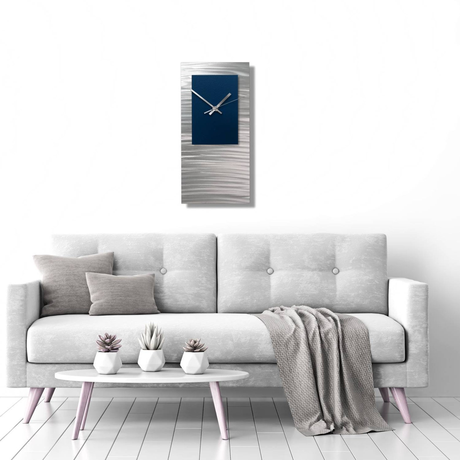 Navy Blue Large Wall Clock Silver Modern Home Decor Etsy UK