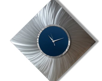 Modern Home Wall Clock - Square Silver Contemporary Decor, Metal Art Abstract Unique Sculpture