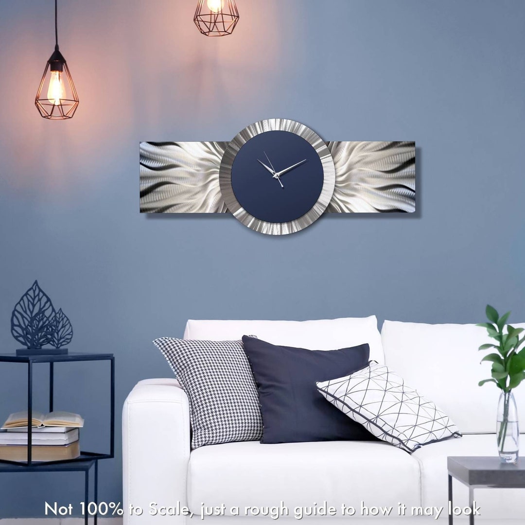 Navy Blue Wall Clock Silver Clock Large Clock Functional Etsy