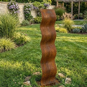 Outdoor Metal Sculpture: Steel Wave Patina Rustic Contemporary Art for Gardens