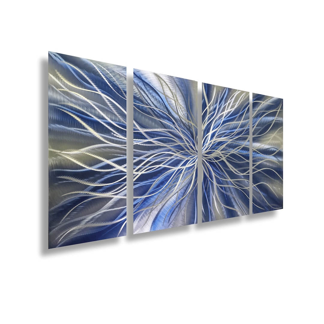 Blue Metal Wall Art Set of 4 Large Decor, Wall Sculpture, Multi Panel