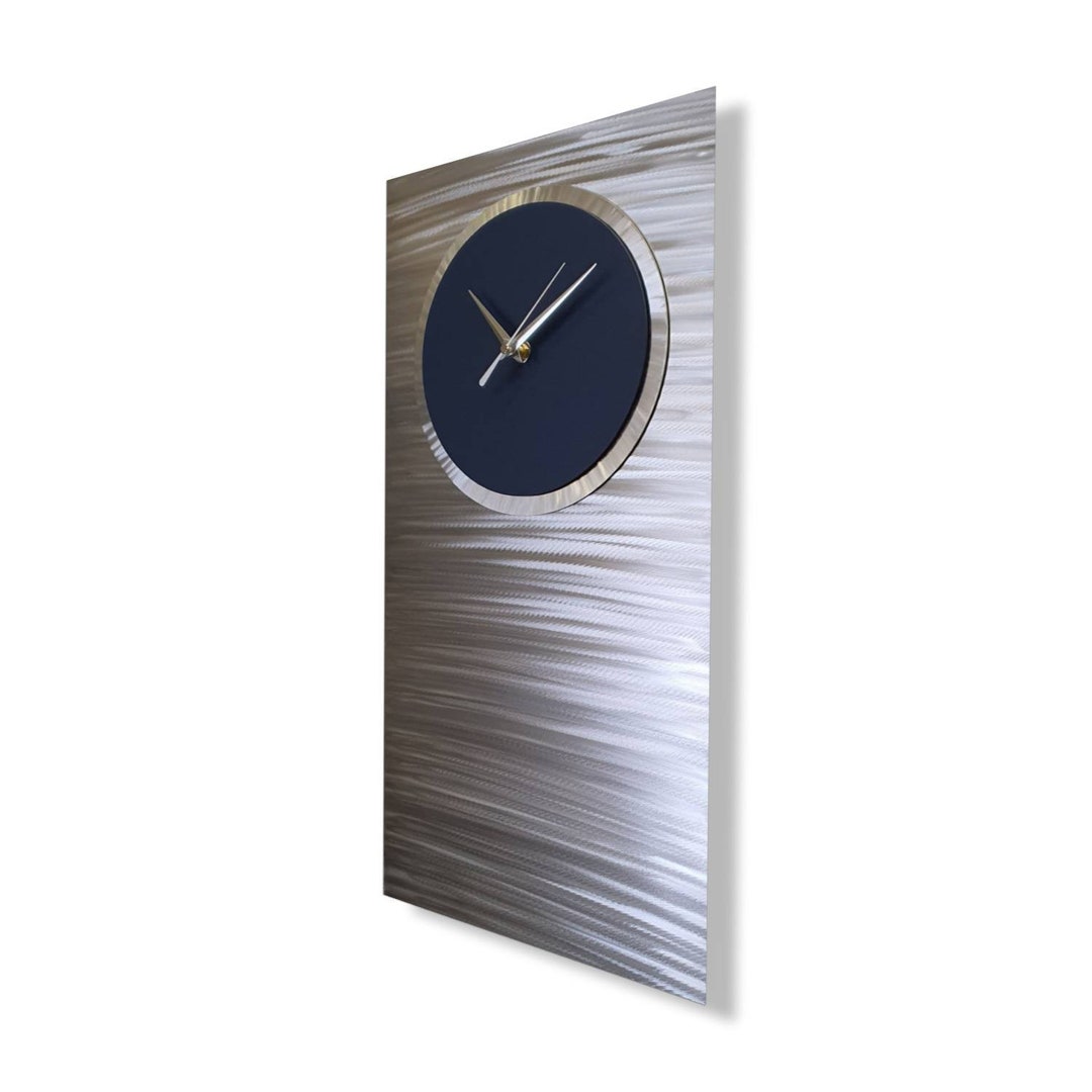 Navy Blue Wall Clock Silver Wall Clock Modern Art Decor Etsy
