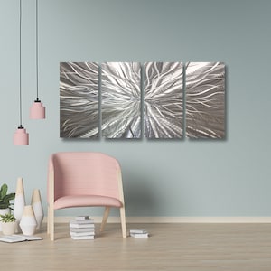 Escultura de pared de metal plateado, decoración abstracta moderna, arte metálico multipanel, conjunto de galería contemporáneo, hecho a mano