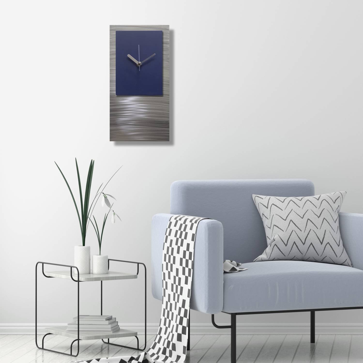 Blue Wall Clock Silver Navy Modern Art Clock Metal Abstract Home Decor Unique Wall Hanging Sculpture Sapphire Salute Blue