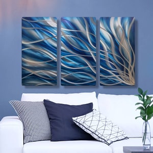 Navy Blue Abstract Metal Wall Art Set - Contemporary 3 Piece Wall Hanging, Modern Art for Home Decor, Handmade in the UK