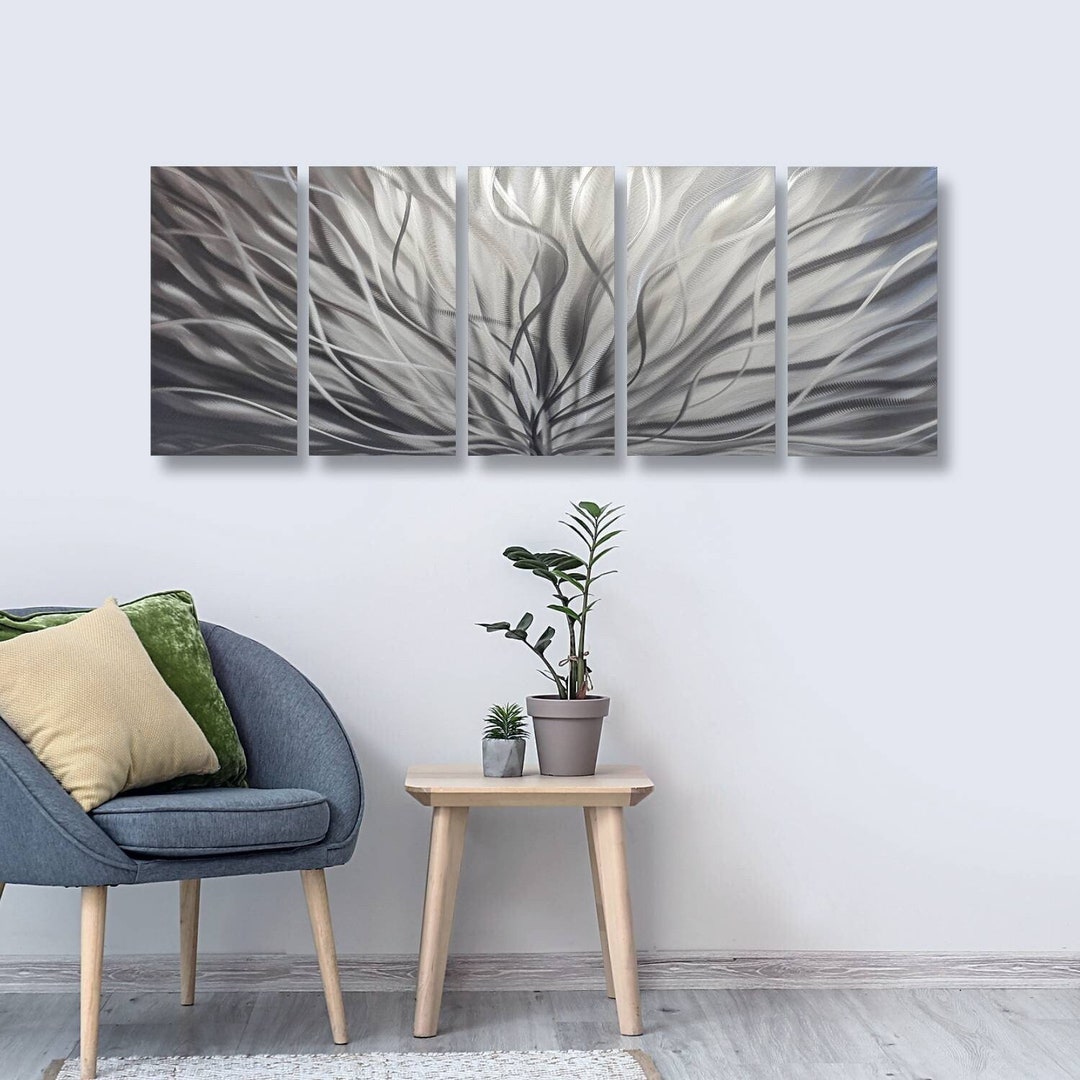 Silver Wall Art, Modern Decor, Extra Large Wall Art, Sculpture, Custom Art, 5 Piece Art, Large ...