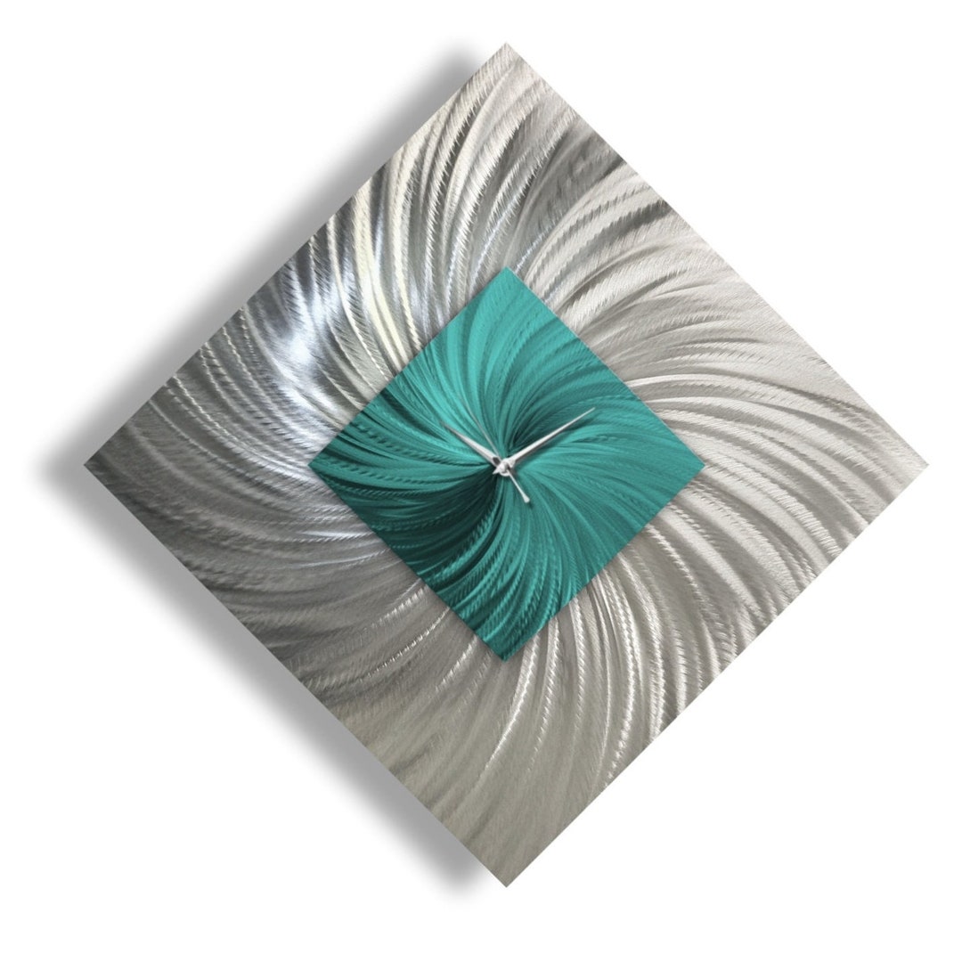 Large Wall Clock Teal Metal Wall Art Modern Clock Silver Etsy