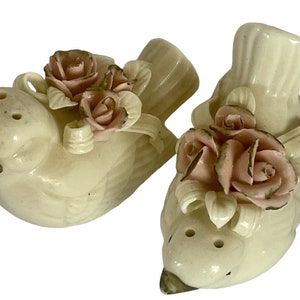 Bone White porcelain Bird Salt & Pepper Shakers W/Roses