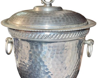 Vintage Aluminum Hammered Ice Bucket Mid Century Barware with Lid