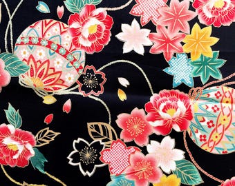Auténtico algodón japonés – 110 cm de ancho, estampado floral Temari y Sakura sobre fondo negro / Tela para acolchado, patchwork, costura / Tejido japonés con motivos florales