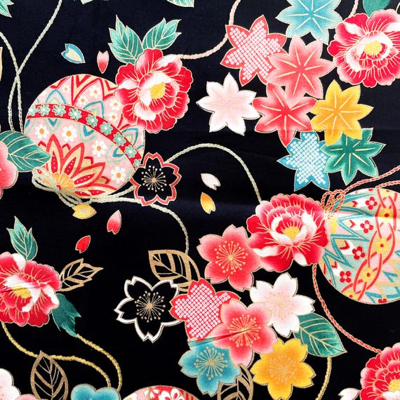 Authentic Japanese Cotton – W110cm Floral Temari and Sakura on Black / Quilting Fabric, Patchwork, Sewing / Tissu japonais motif floral