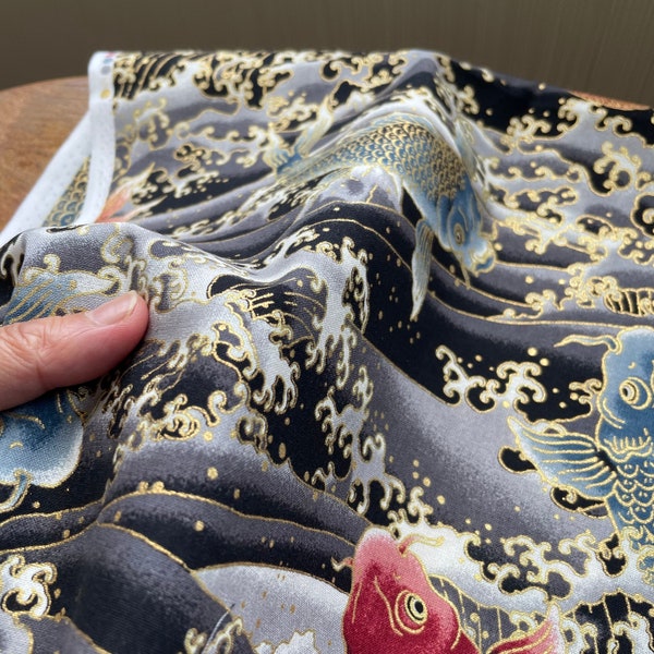 Tissu japonais Coton W110cm / au mètre/yard 50cm Carpe Print Asiatique Noir Tissu Kimono DIY