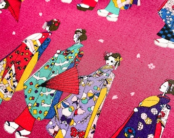Auténtico algodón japonés de 110 cm de ancho con motivos de geishas rojas en kimono brillante / Ideal para acolchado, patchwork y manualidades.