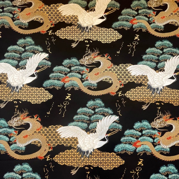 Japanese Fabric 100% Cotton W110cm / by the meter/ yard 50cm Crane Dragon Print Asian Black DIY