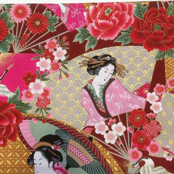 Japanese Fabric Geisha Kimono Cotton Print Red Pink Cloth - Etsy Denmark