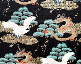 Japanische Baumwolle – Drache, Kraniche und Kiefern auf Schwarz mit goldenen Akzenten / Quilten, Patchwork, Nähen / Tissu japonais coton noir