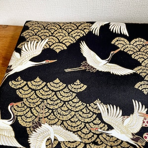 Japanese Crane Cotton Fabric by the Yard or Meter, Black Gold Metallic Seigaiha Wave Kimono Material