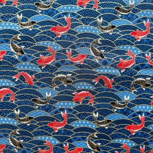 Japanese Cotton  W110cm Blue Fabric with Koi Carp Geometric Wave Motifs / Quilting, Patchwork, Sewing / Tissu japonais motif poisson koi