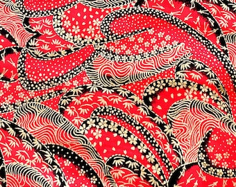 Authentic Japanese Cotton – Vermilion Red Fabric with Gold Accents / Quilting, Patchwork / Tissu japonais rouge vermillon