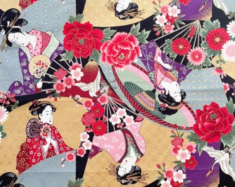 Algodón japonés auténtico: motivos de geisha con estampados florales / Negro y dorado / Acolchado, costura, patchwork / Tejido de algodón japonés con motivos