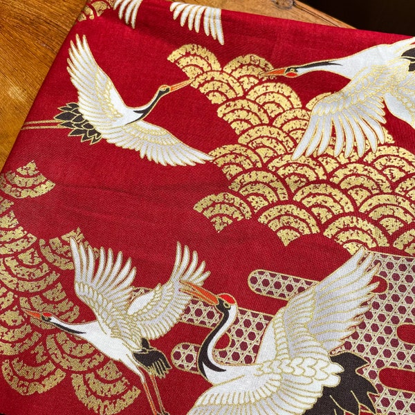 Tissu japonais Coton W110cm / au mètre/yard 50cm Crane Print Red Gold DIY Asiatique