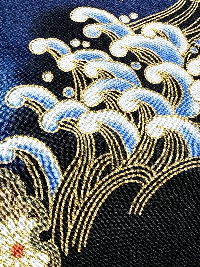 Auténtica tela japonesa de algodón - 110 cm de ancho, dragón y olas sobre azul marino / Tissu japonais coton dragon / Acolchado, kimono, costura imagen 6