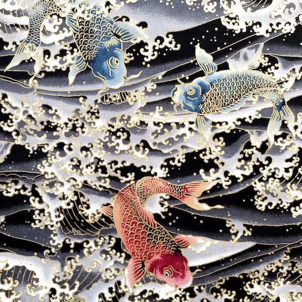 Authentiek Japans katoen – Rode en blauwe koikarper met golven op zwart / Quiltstof, kimono, naaistof / Tissu japonais motief karper