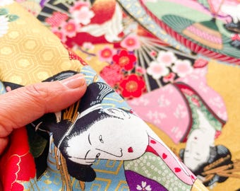 Tela de geisha japonesa, estampado de kimono metálico dorado, tela de algodón, estampado floral de sakura, para acolchado y costura. Se vende por metro/yarda.