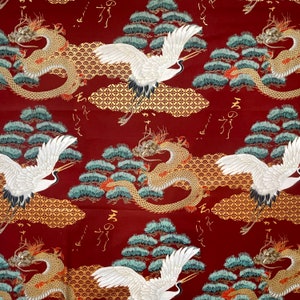 Japanese Fabric Large Cranes Dragons on Red Cotton W110cm/ By the Meter/ Yard / Print Asian Quilting Kimono Asian