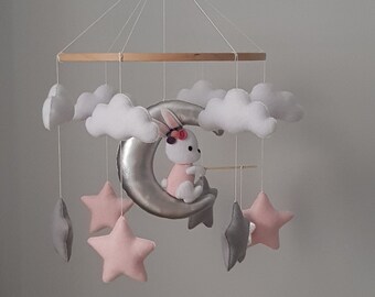Bunny mobile, crib mobile, hanging mobile, modern baby mobile, baby girl mobile, moon mobile, star mobile, cloud mobile, felt mobile
