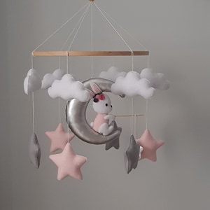 Bunny mobile, crib mobile, hanging mobile, modern baby mobile, baby girl mobile, moon mobile, star mobile, cloud mobile, felt mobile