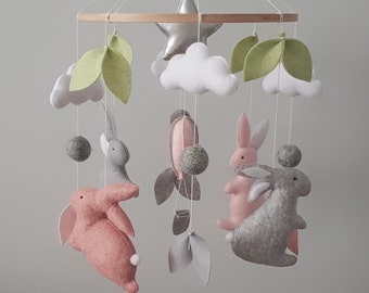 Baby girl mobile, crib mobile, bunny nursery, hanging mobile, forest mobile, felt mobile, cloud mobile, woodland mobile, pom pom mobile