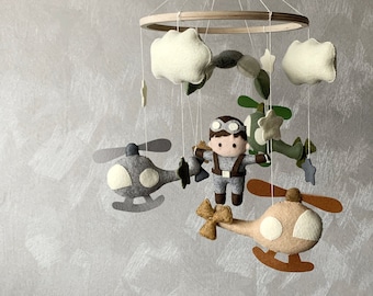 Aviator baby mobile, airplane mobile, helicopter mobile, travel baby mobile, airplane nursery, parachute mobile