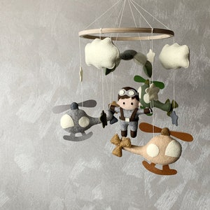 Aviator baby mobile, airplane mobile, helicopter mobile, travel baby mobile, airplane nursery, parachute mobile