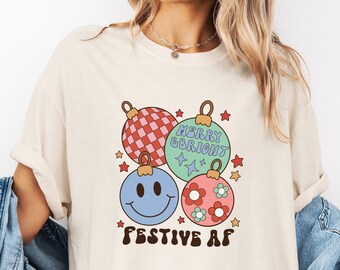Festive AF Merry & Bright Comfort Colors Christmas Tshirt - Cute Christmas shirt for Women