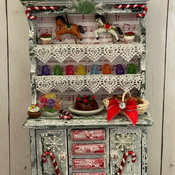 Carousal and Candyland Hutch, Horses, gumdrops, candy, cookies, cakes, candy canes & snowflakes make this perfect for many type dollhouses