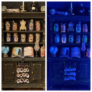 May include: A miniature black cabinet with shelves filled with potion bottles, a clock, a crystal ball, and a book with a black cat illustration. The cabinet also has a small lamp and rolled scrolls. Some items glow under a black light.