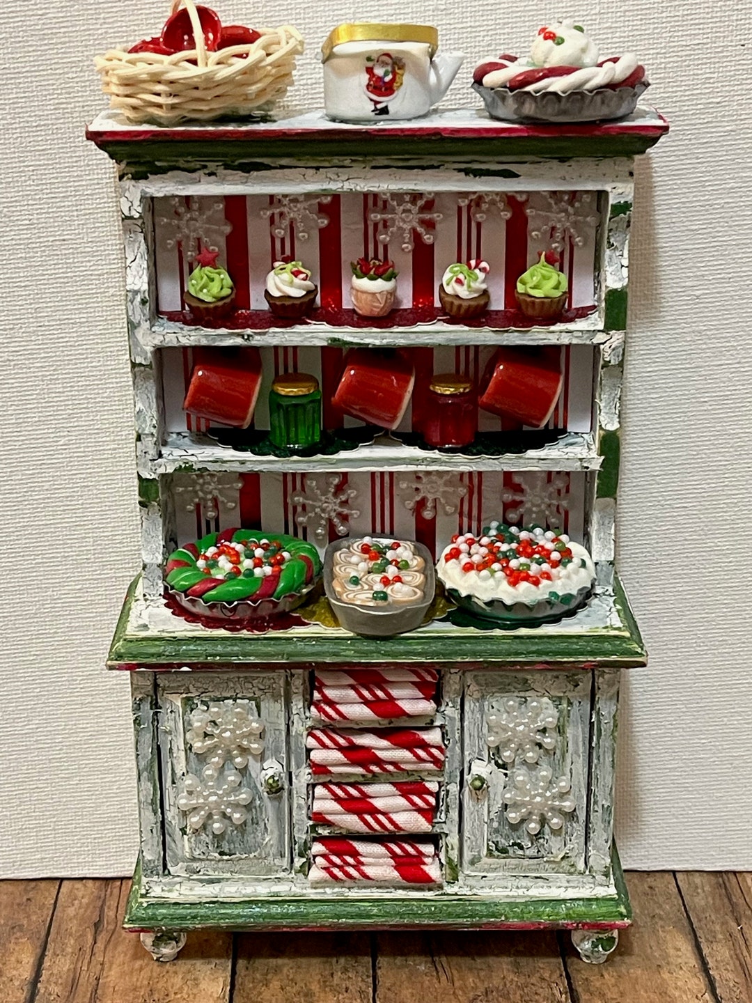 Festive Rustic Style Hutch Done in Christmas Farmhouse Style W/lots of