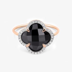 Natural Black Onyx Clover Rings Clover Shape Rings Black Onyx Clover Engagement Rings For Women Unique Wedding Rings Silver Clover Rings